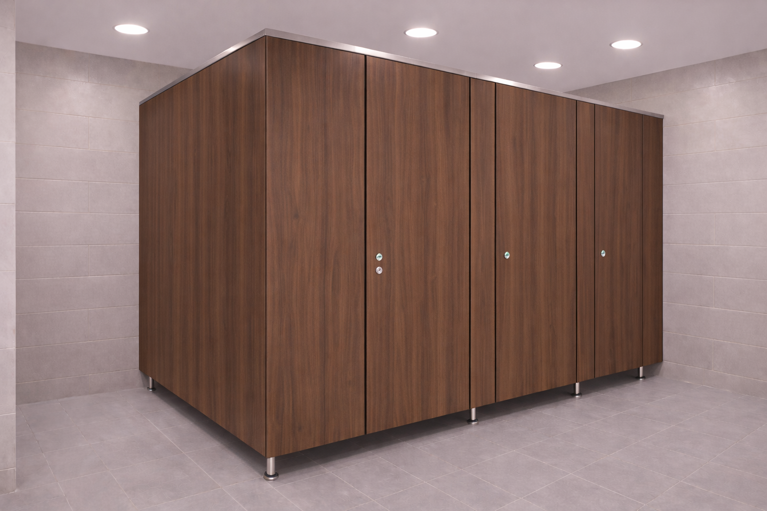 Aspen Series full privacy commercial toilet partitions by Boreal Architectural featuring woodgrain panels and stainless steel hardware