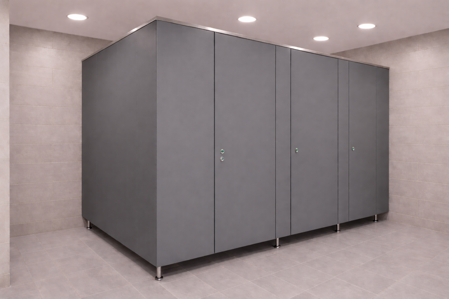 Boreal Architectural Aspen Series full privacy toilet partitions in gray laminate with pedestal feet and modern design