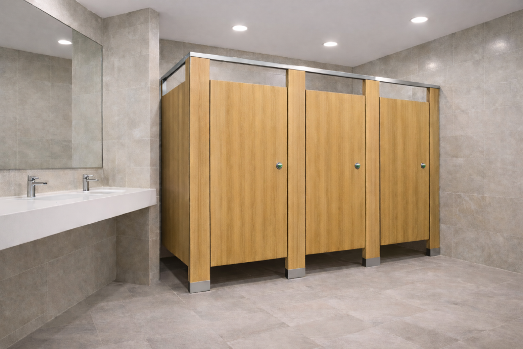 Standard series toilet partitions by Boreal Architectural with durable laminate panels and stainless steel hardware