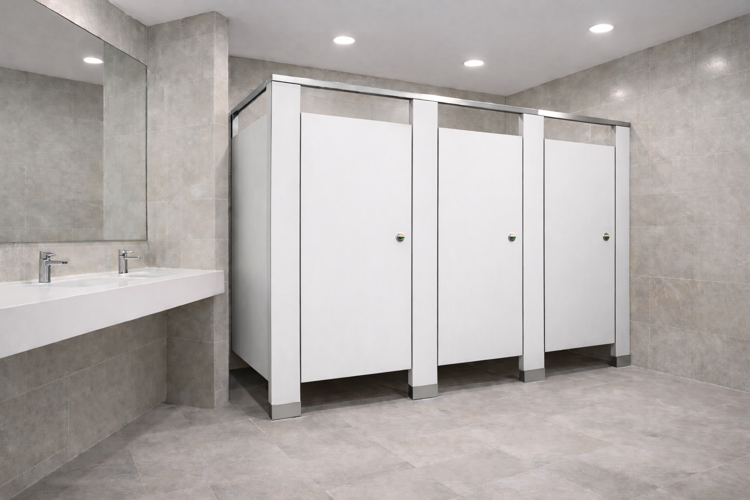 Standard series toilet partitions by Boreal Architectural with durable laminate panels and stainless steel hardware