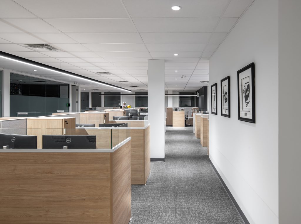 Custom architectural millwork installation with premium wood veneer finishes, paint-grade millwork, integrated cabinetry, and commercial office detailing.