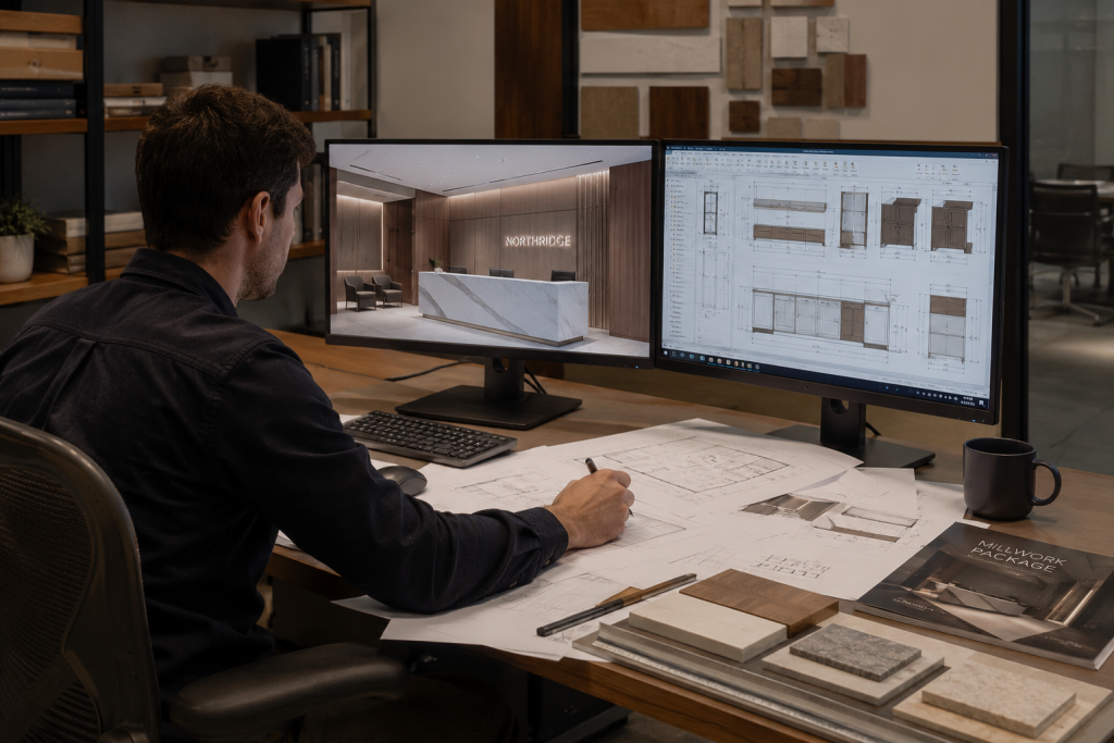 Commercial millwork designer creating a complete high-end corporate office millwork package with custom cabinetry, architectural woodwork, 3D renderings, technical drawings, and material finish selections.