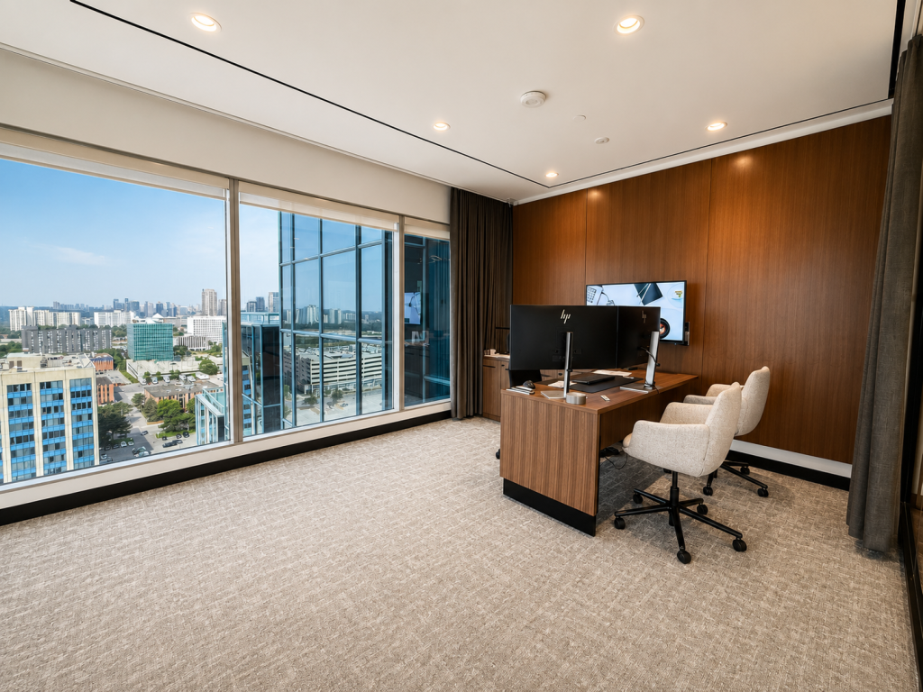 Luxury executive office featuring custom wood wall panels, architectural millwork, integrated cabinetry, premium commercial interiors, and bespoke workplace finishes by Boreal Architectural.