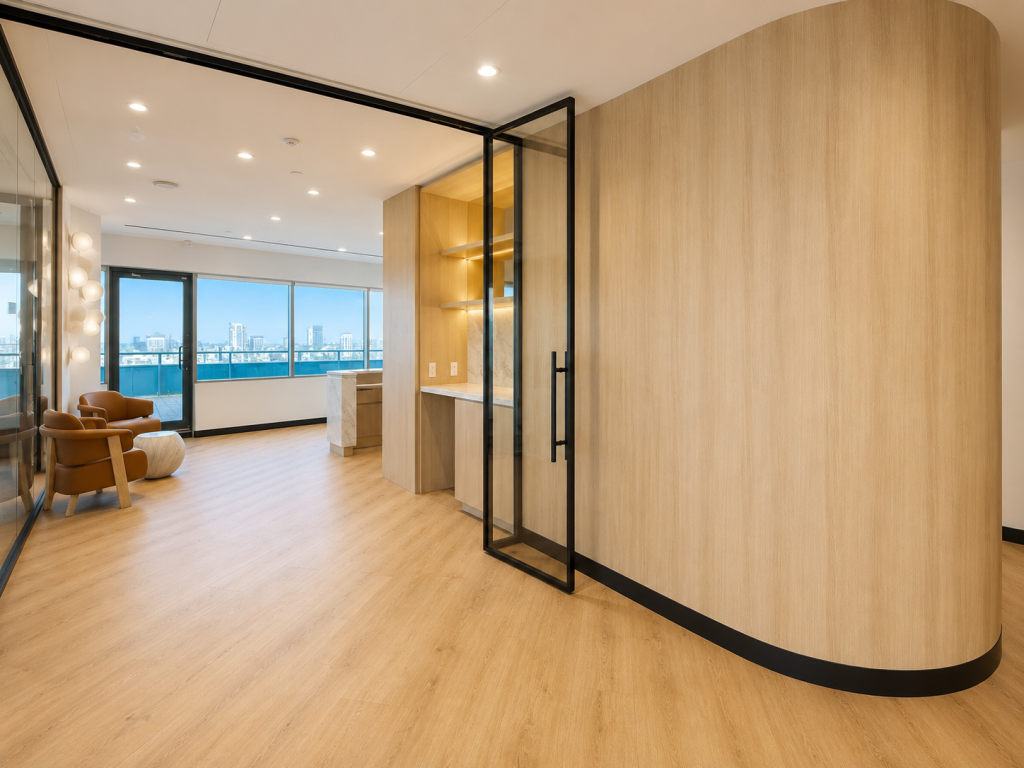 Custom architectural wood wall panels with curved millwork, integrated display shelving, premium commercial interior finishes, and bespoke office millwork manufactured by Boreal Architectural.