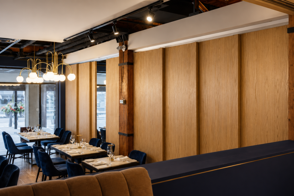 Custom architectural wood wall panels and premium restaurant millwork at BLU Ristorante featuring full-height oak veneer panels, bespoke hospitality interiors, luxury commercial restaurant finishes, and custom architectural woodwork by Boreal Architectural.