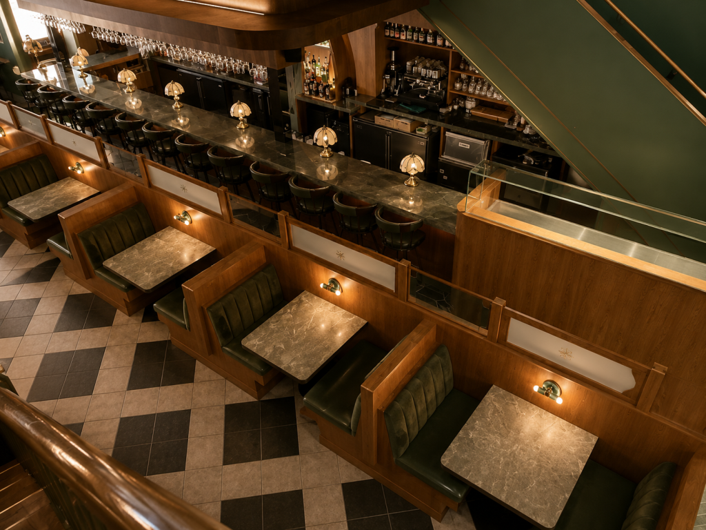 Premium hospitality millwork with custom restaurant cabinetry, architectural wood paneling, integrated wood finishes, feature walls and commercial interior detailing.