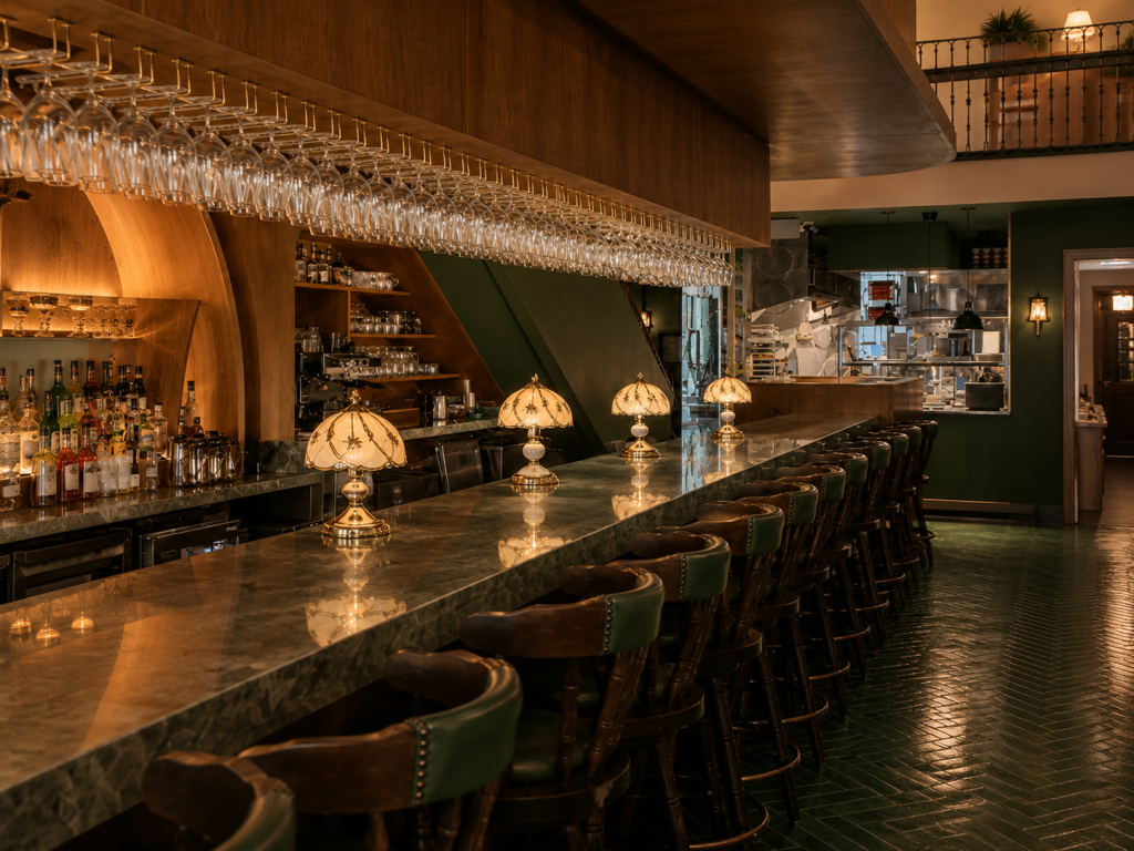 Custom-built restaurant interior featuring architectural wood millwork, premium restaurant cabinetry, hospitality wood finishes and bespoke commercial craftsmanship.