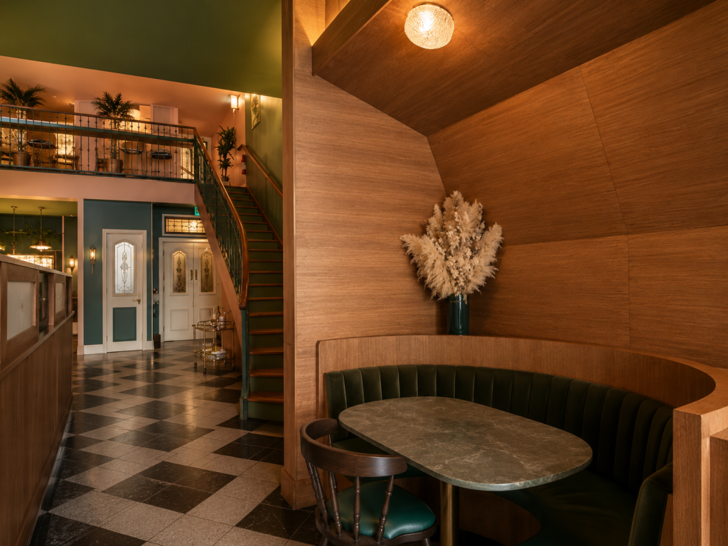 High-end restaurant millwork with custom wood cladding, architectural cabinetry, integrated booth seating, feature bar and premium commercial wood finishes.
