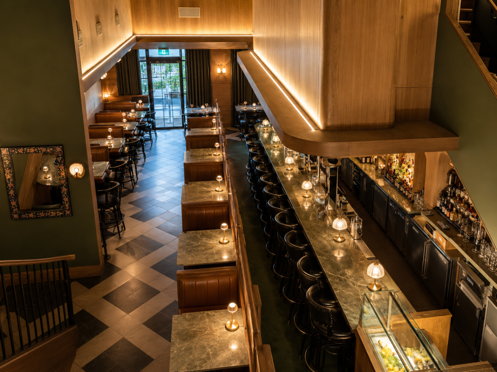 Commercial restaurant millwork installation featuring custom cabinetry, wood wall panels, architectural bar millwork, integrated seating and premium hospitality interiors.