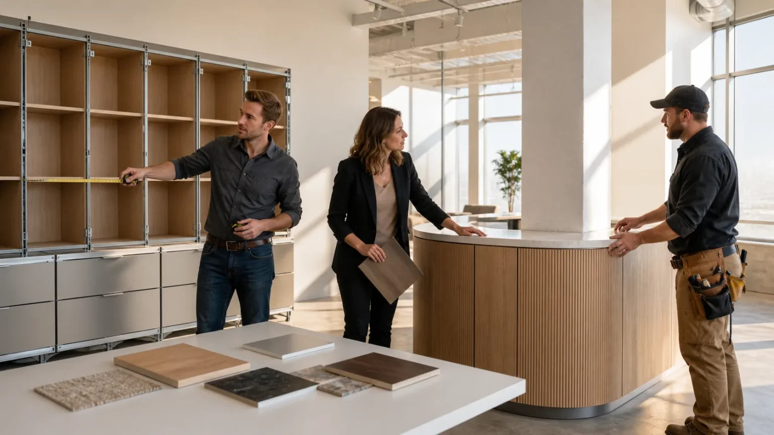 Modular and custom commercial cabinetry in a modern office interior