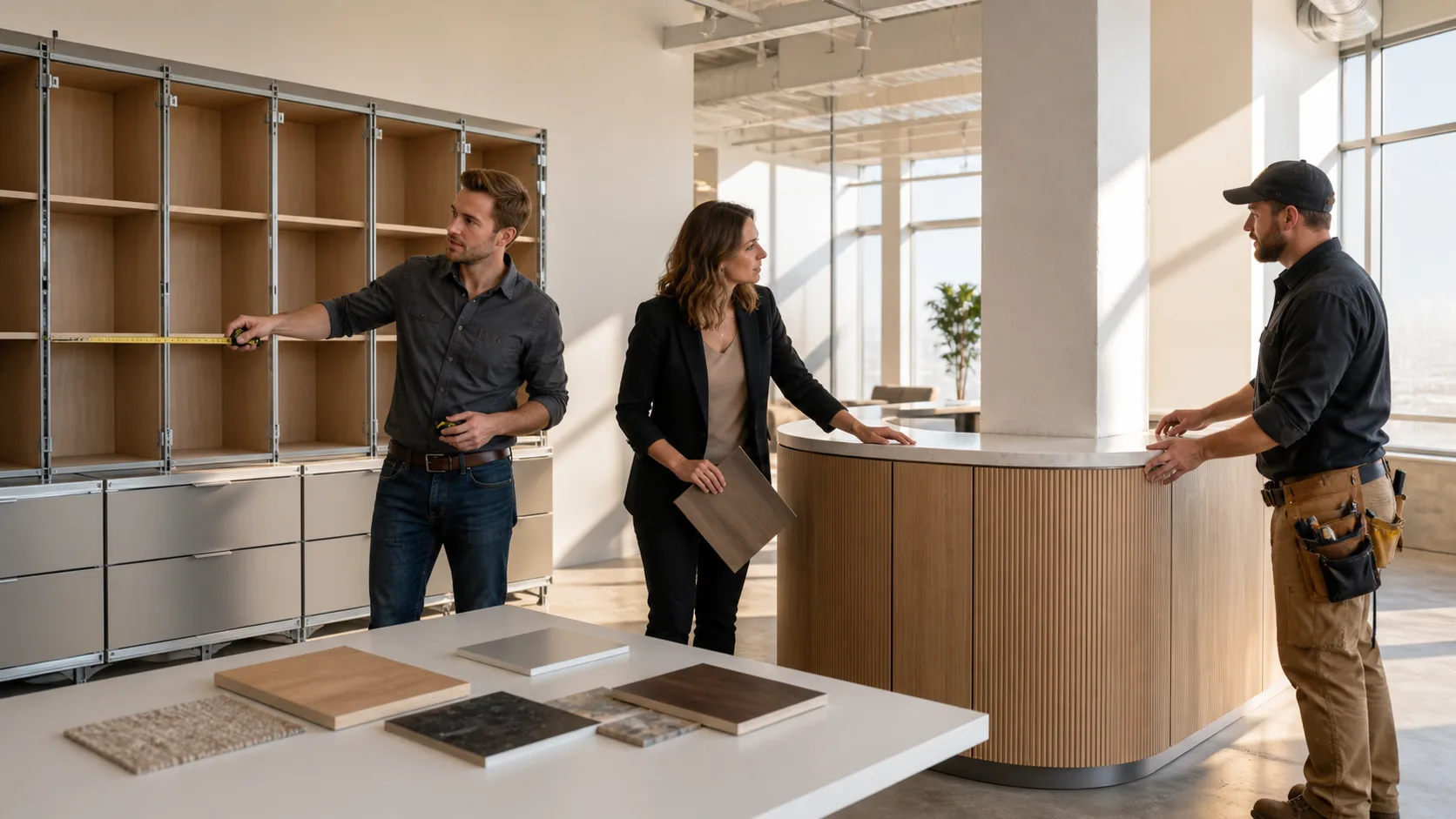 Modular and custom commercial cabinetry in a modern office interior