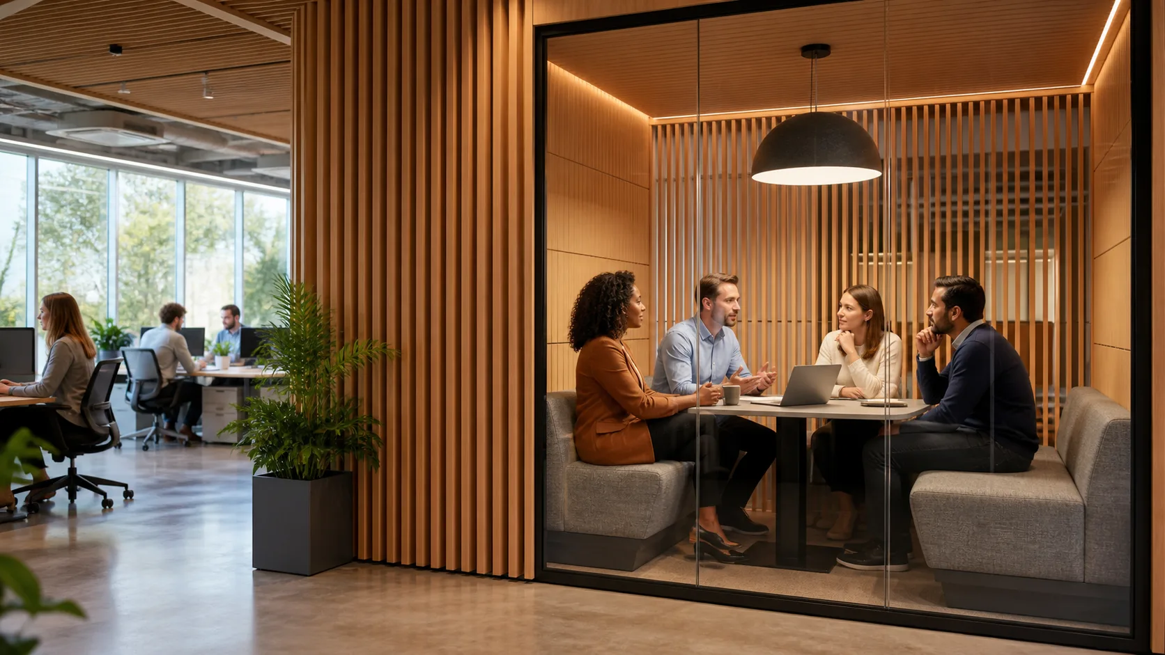 Commercial office millwork with integrated acoustic privacy panels