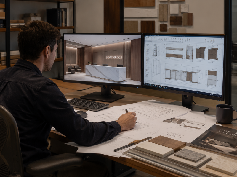 Commercial millwork designer creating a complete high-end corporate office millwork package with custom cabinetry, architectural woodwork, 3D renderings, technical drawings, and material finish selections.