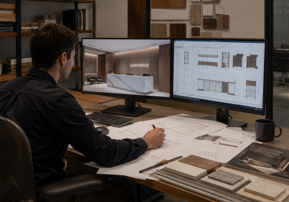 Commercial millwork designer creating a complete high-end corporate office millwork package with custom cabinetry, architectural woodwork, 3D renderings, technical drawings, and material finish selections.