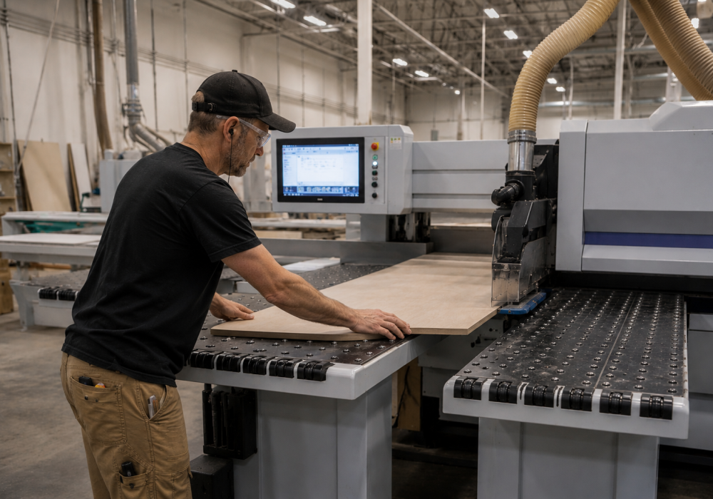 Master carpenter operating CNC machinery to manufacture precision architectural millwork components for commercial interiors.