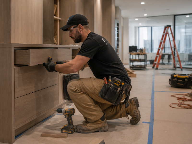 Master carpenter using advanced CNC woodworking machinery to manufacture precision architectural millwork components for custom commercial office interiors in Ontario.