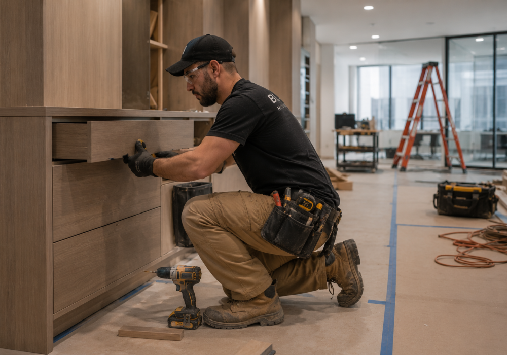 Master carpenter using advanced CNC woodworking machinery to manufacture precision architectural millwork components for custom commercial office interiors in Ontario.