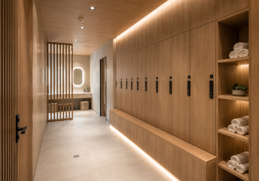 High-end commercial locker room featuring custom wood cabinetry, architectural millwork and built-in storage.