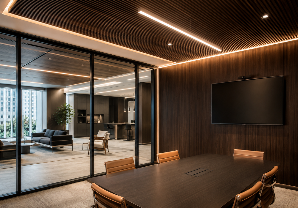 Modern commercial boardroom featuring custom architectural wood wall panels, slatted wood ceiling system, integrated LED lighting, and premium interior finishes by Boreal Architectural.