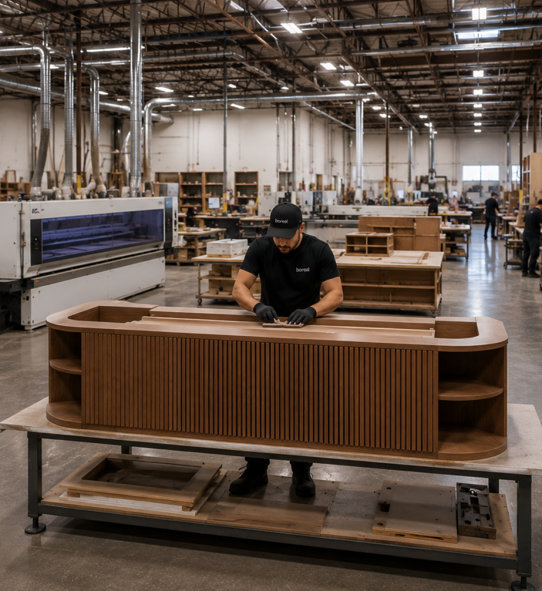 Craftsman fabricating a custom architectural reception desk in Boreal Architectural's advanced manufacturing facility for a commercial interior project.