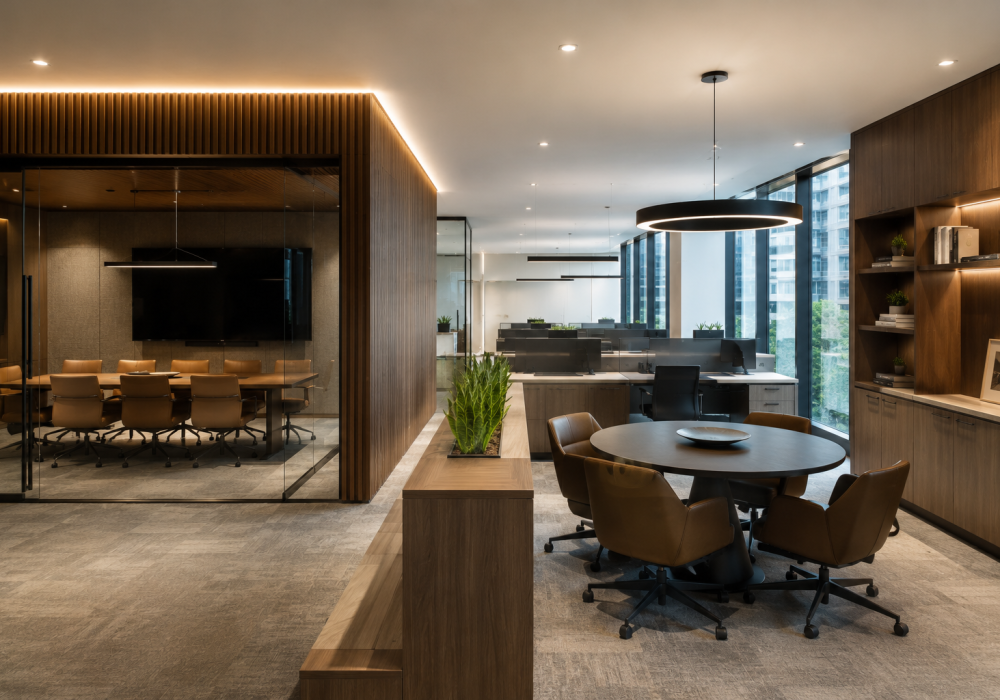 The spacious, modern office features minimalist design, warm wood accents, and plenty of natural light. A sleek open-plan layout includes a lounge area