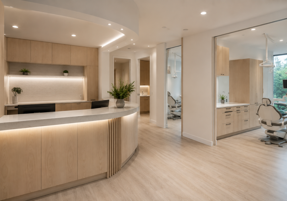 Modern dental office with natural custom wood millwork and architectural finishes in Toronto, ON