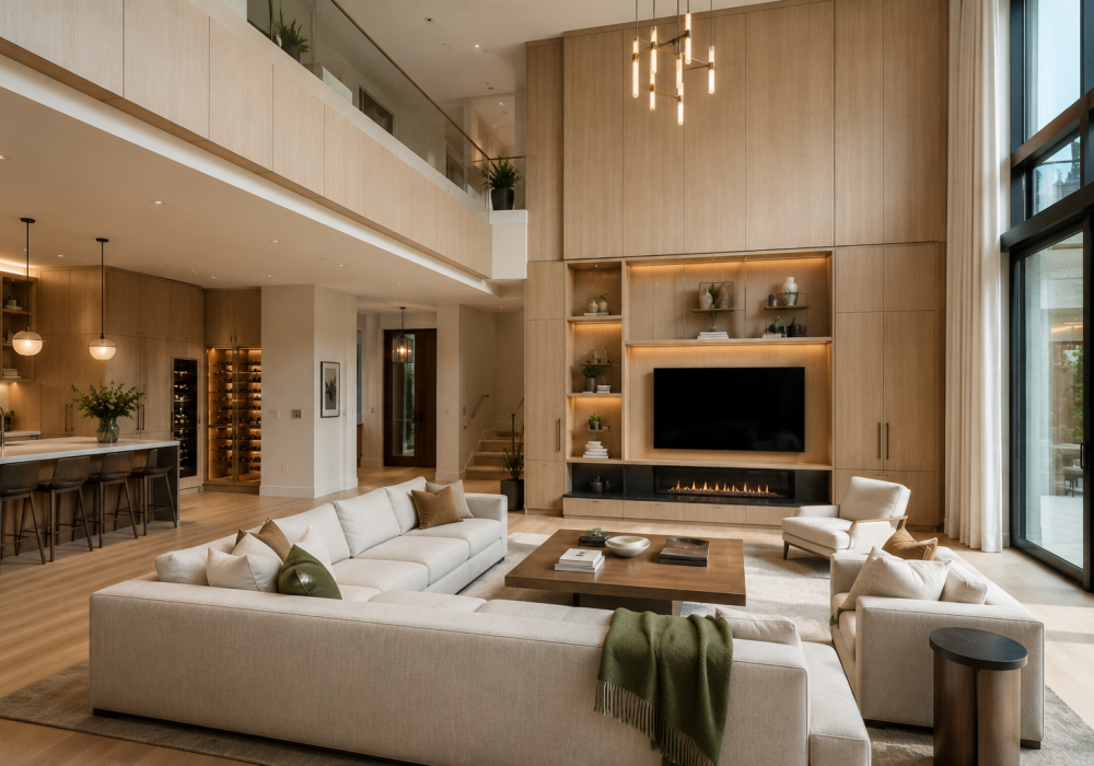 Minimalist luxury living room interior with custom built-in luxury residential millwork for a large home in Toronto area for a private client - built by Boreal Architectural