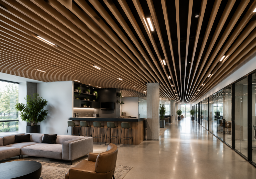 Modern office lounge with custom wood feature ceiling system in Toronto, ON