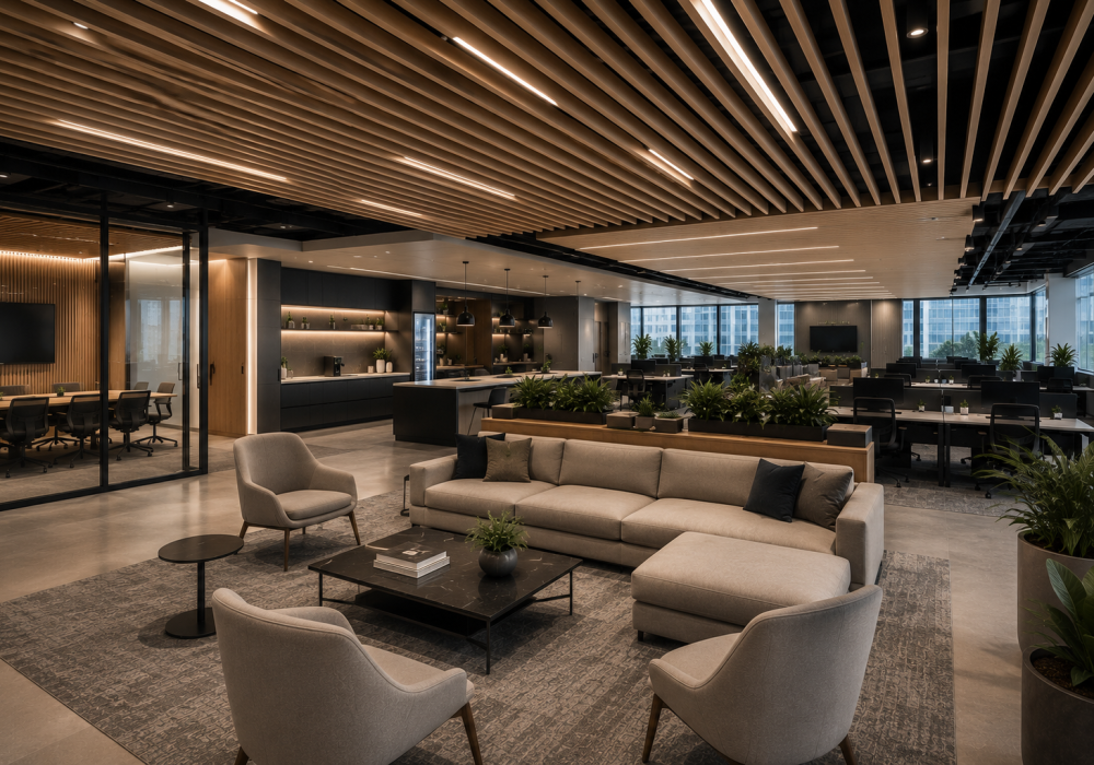 Commercial Linear Ceiling System and Custom Ceiling Features in Offices - Boreal Architectural