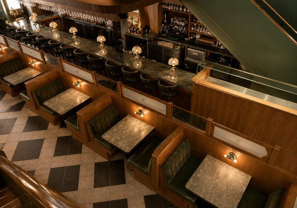 Premium hospitality millwork with custom restaurant cabinetry, architectural wood paneling, integrated wood finishes, feature walls and commercial interior detailing.