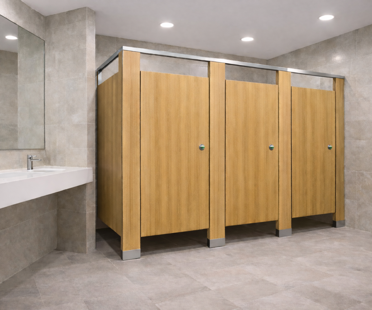 Standard series toilet partitions by Boreal Architectural with durable laminate panels and stainless steel hardware
